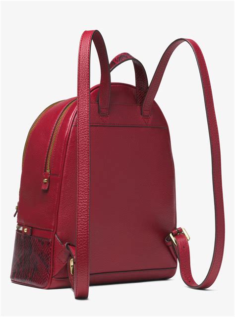 michael kors red rhea medium pebbled and snake-embossed leather backpack